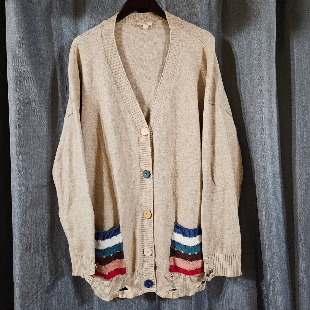 Oddi Women Tan Distressed Oversized Cardigan Striped Pockets 1XL/2XL Abstract